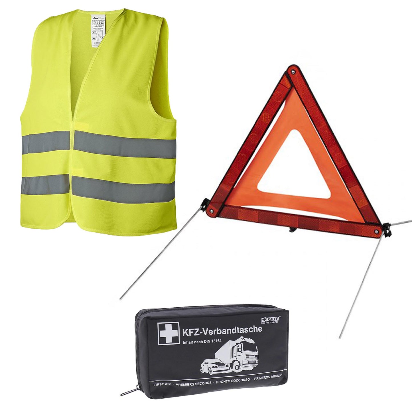 Roadside assistance set - first aid kit, warning triangle, yellow safety vest