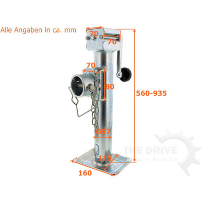 Stützfuss mit Handkurbel, Klappbar, Ø57 x 560mm mit Sperrbolzen Stützlast 1300kg