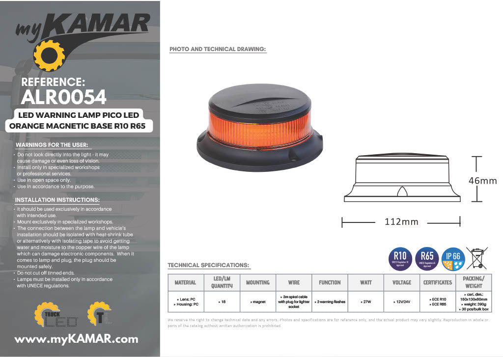 Rundumleuchte PICO orange R10 R65 mit 18LEDs und Magnethalterung