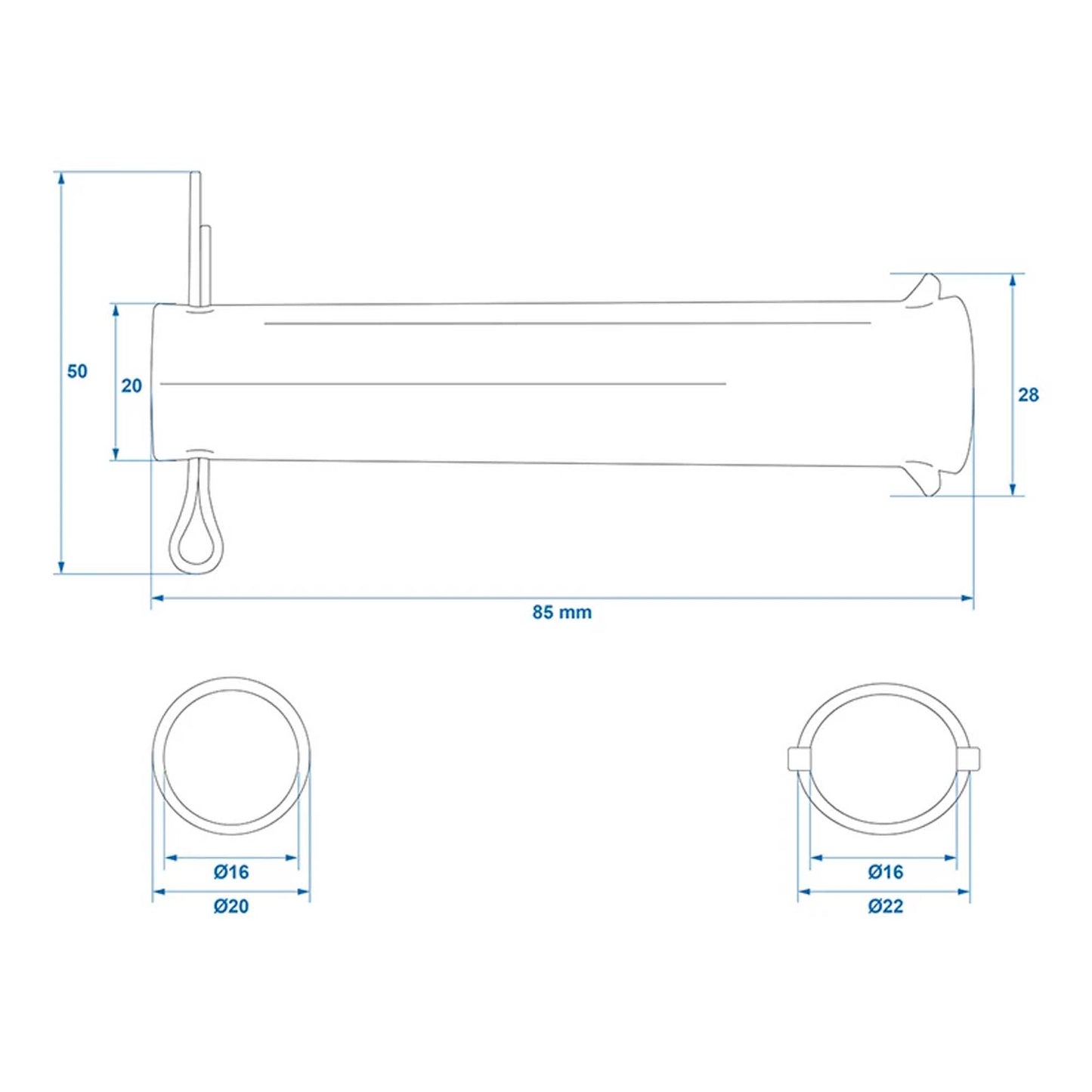 Axle with split pin for support wheel 48mm Ø20mm x 85mm