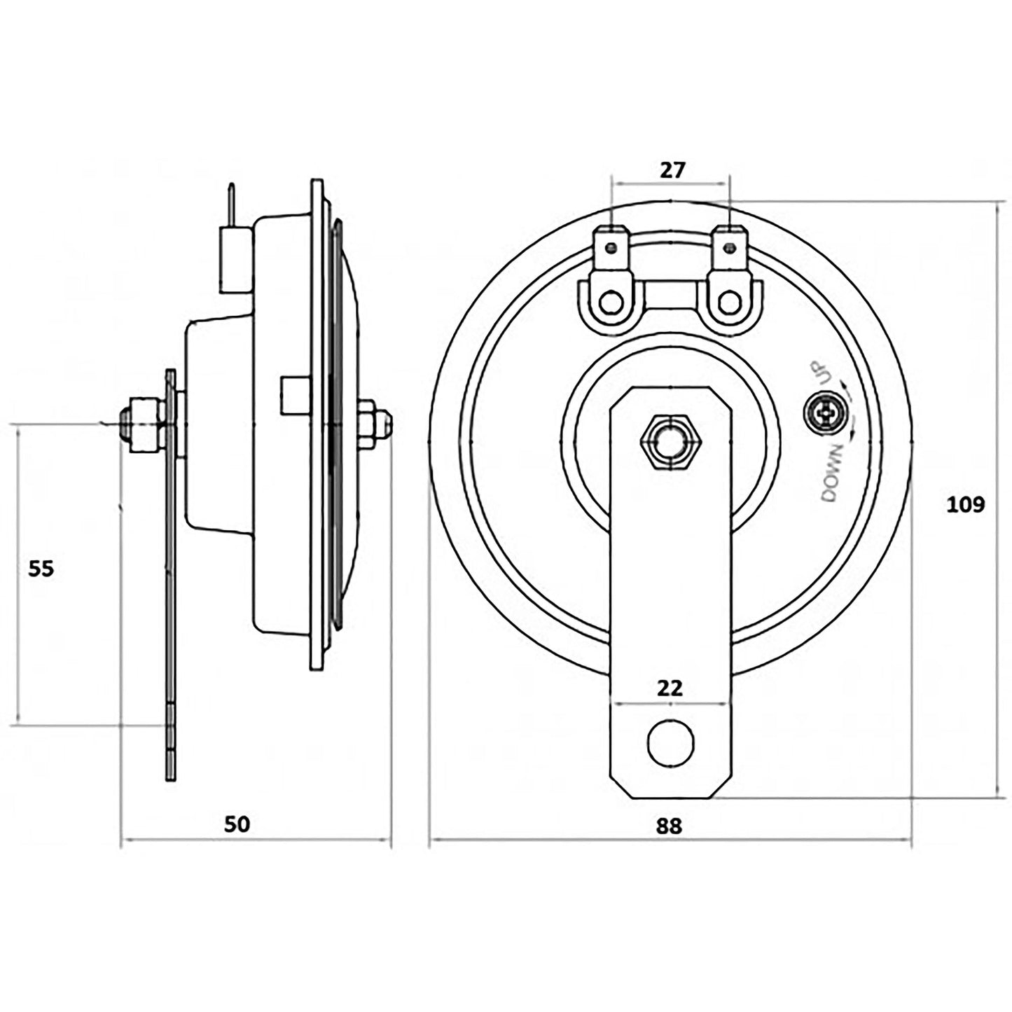 Maße für 12V Universal PKW Hupe Ø 90mm 105db