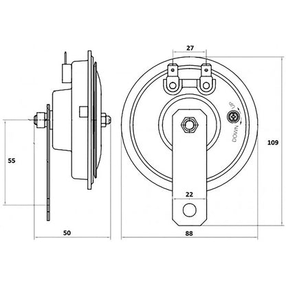 Maße für 12V Universal PKW Hupe Ø 90mm 105db